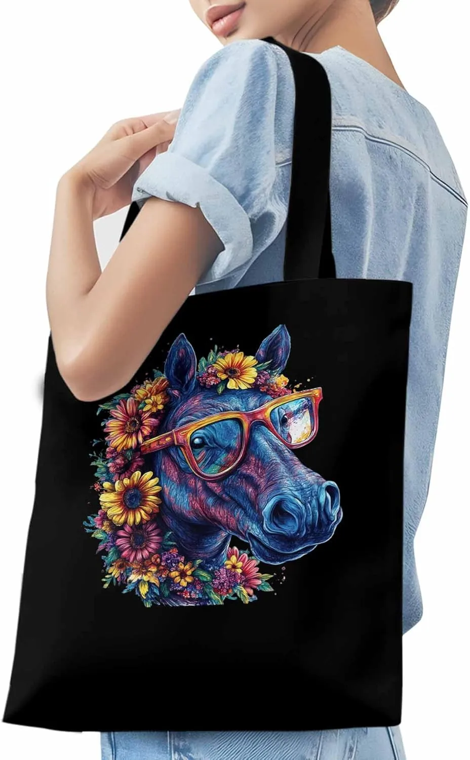 Canvas Tote Bag, Chic Horse with Sunflowers patterned Canvas Tote Handbags for Women Shoulder Bag,