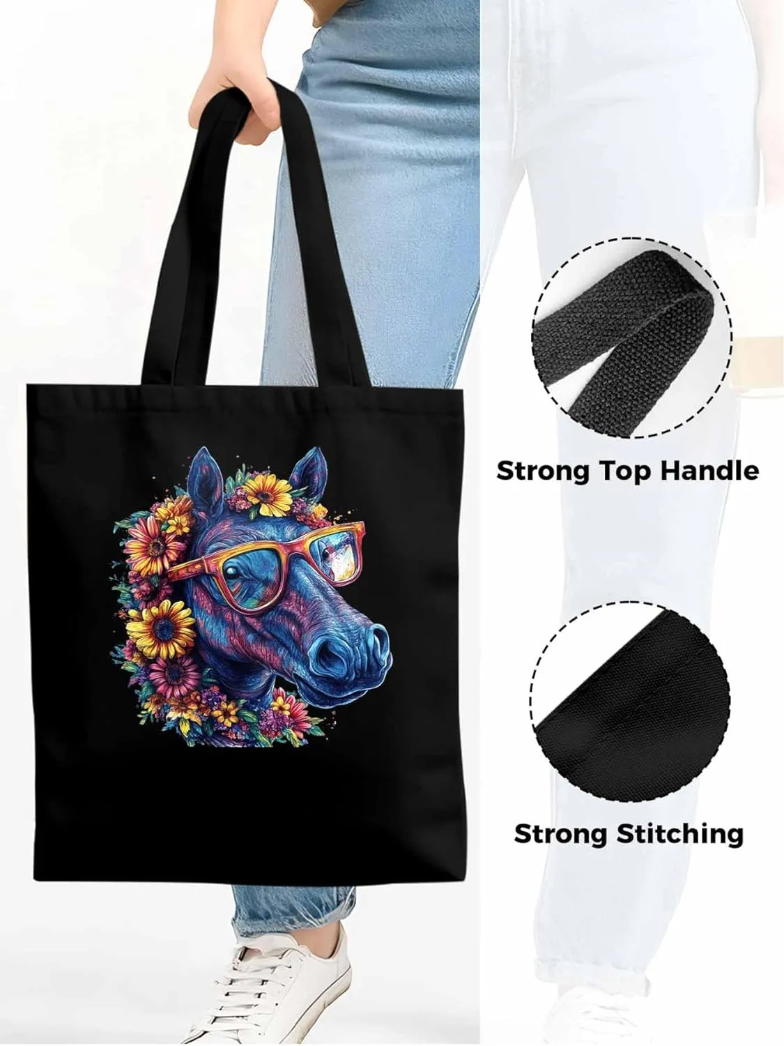 Canvas Tote Bag, Chic Horse with Sunflowers patterned Canvas Tote Handbags for Women Shoulder Bag,
