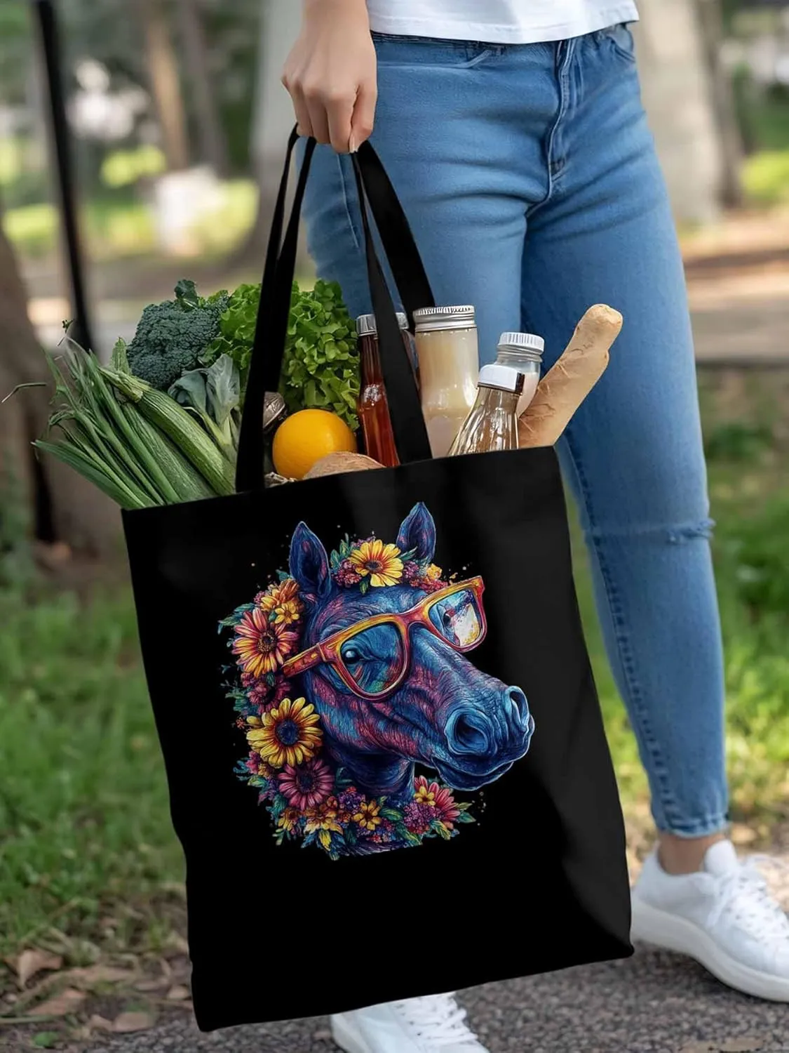 Canvas Tote Bag, Chic Horse with Sunflowers patterned Canvas Tote Handbags for Women Shoulder Bag,