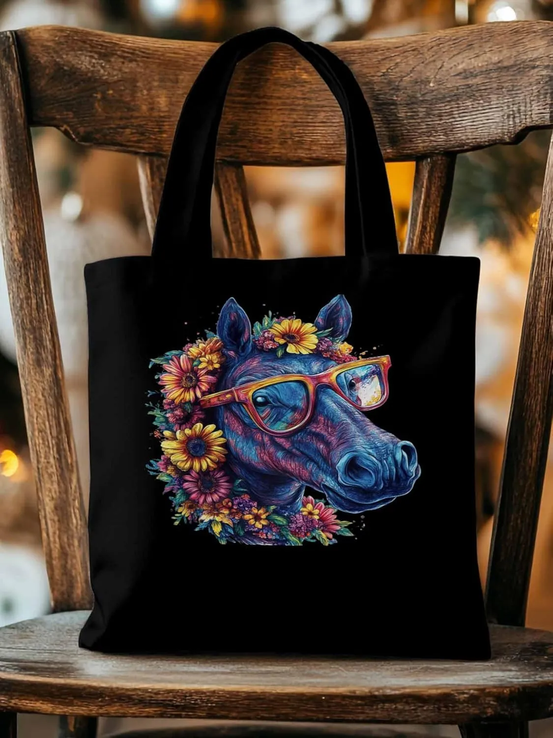 Canvas Tote Bag, Chic Horse with Sunflowers patterned Canvas Tote Handbags for Women Shoulder Bag,