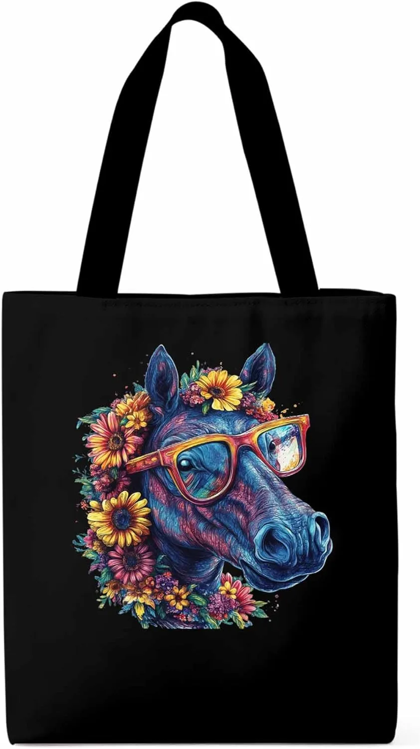 Canvas Tote Bag, Chic Horse with Sunflowers patterned Canvas Tote Handbags for Women Shoulder Bag,