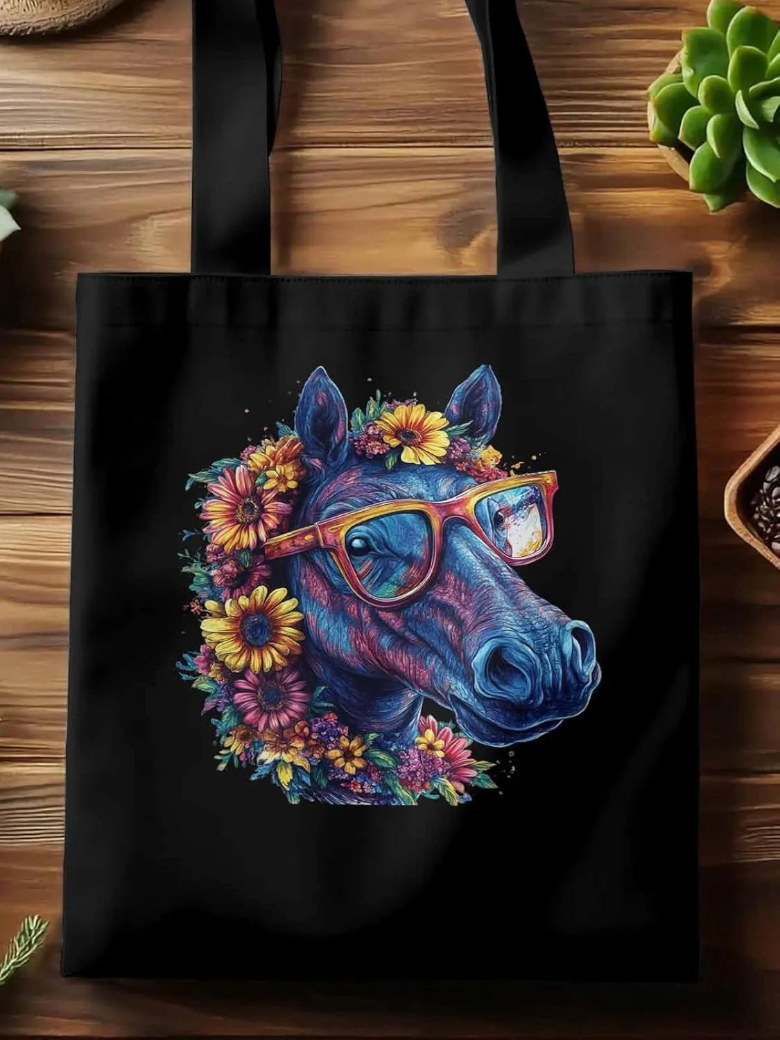 Canvas Tote Bag, Chic Horse with Sunflowers patterned Canvas Tote Handbags for Women Shoulder Bag,