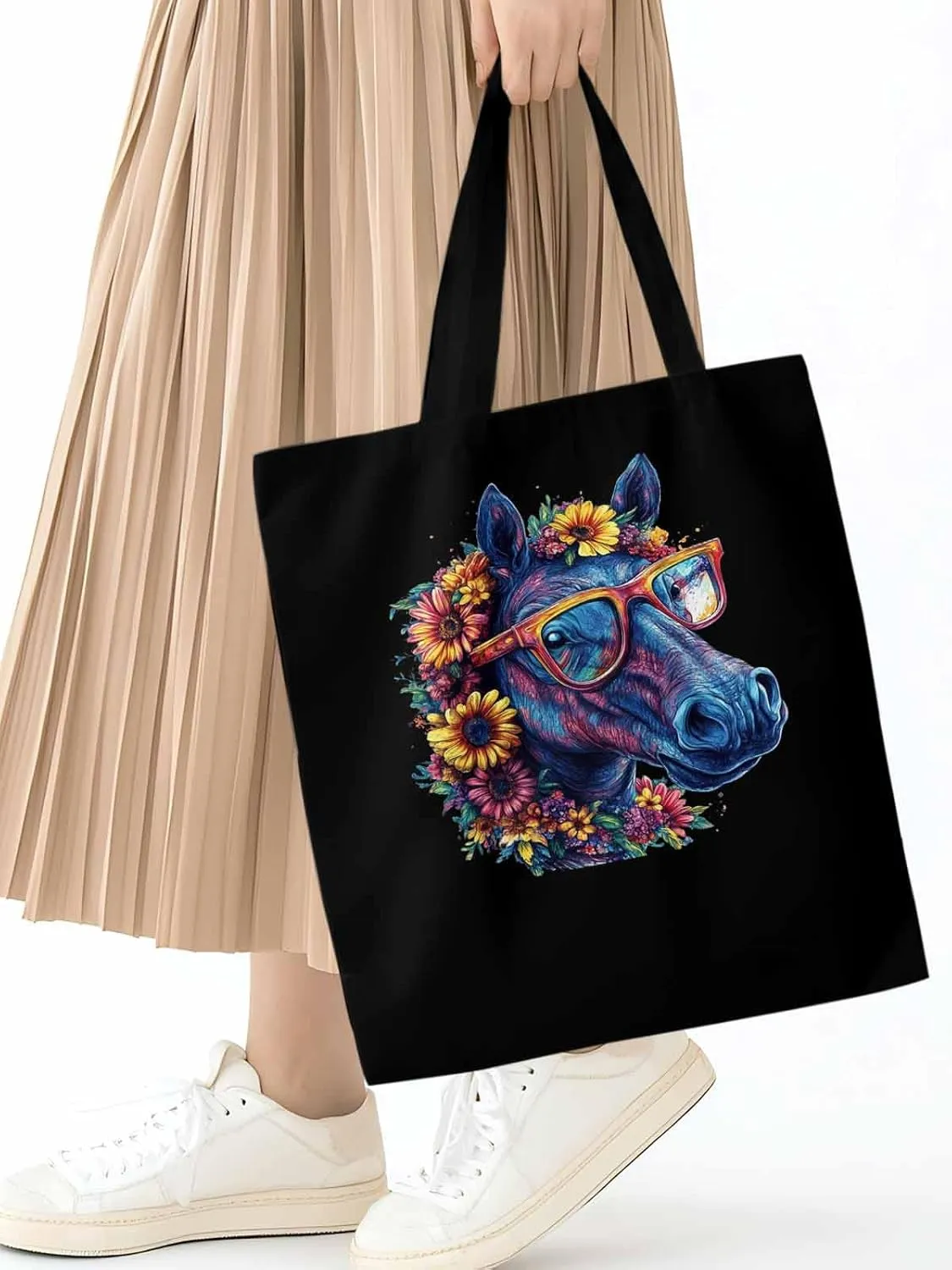 Canvas Tote Bag, Chic Horse with Sunflowers patterned Canvas Tote Handbags for Women Shoulder Bag,