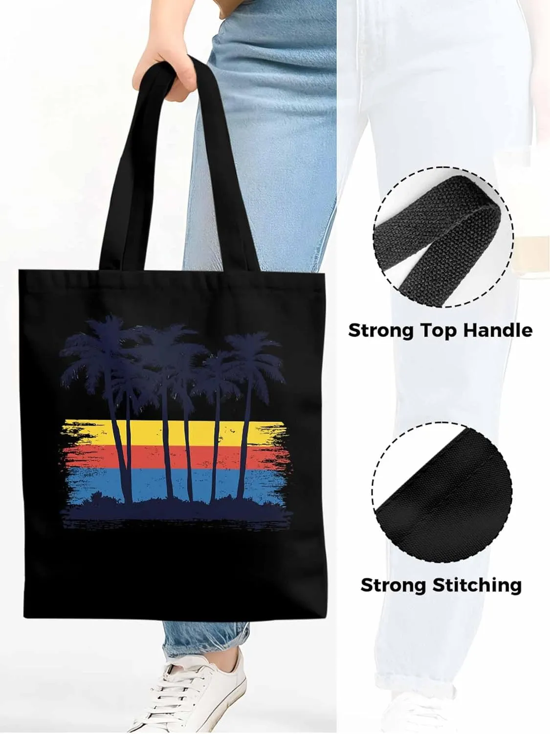 Canvas Tote Bag, Coconut Tree Geometric Stripes patterned Canvas Tote Handbags for Women Shoulder Bag,