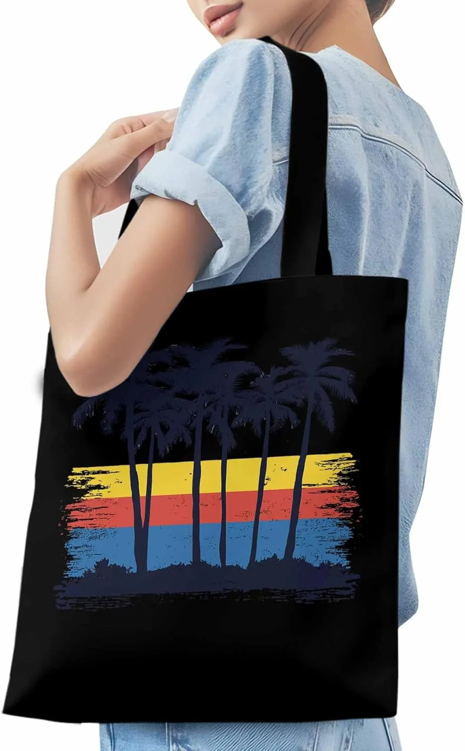 Canvas Tote Bag, Coconut Tree Geometric Stripes patterned Canvas Tote Handbags for Women Shoulder Bag,