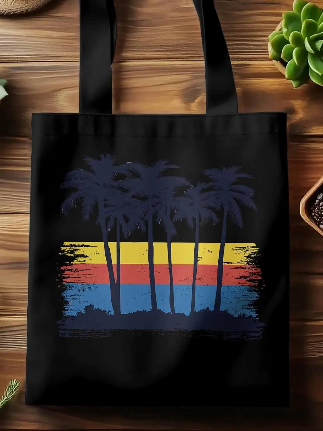 Canvas Tote Bag, Coconut Tree Geometric Stripes patterned Canvas Tote Handbags for Women Shoulder Bag,