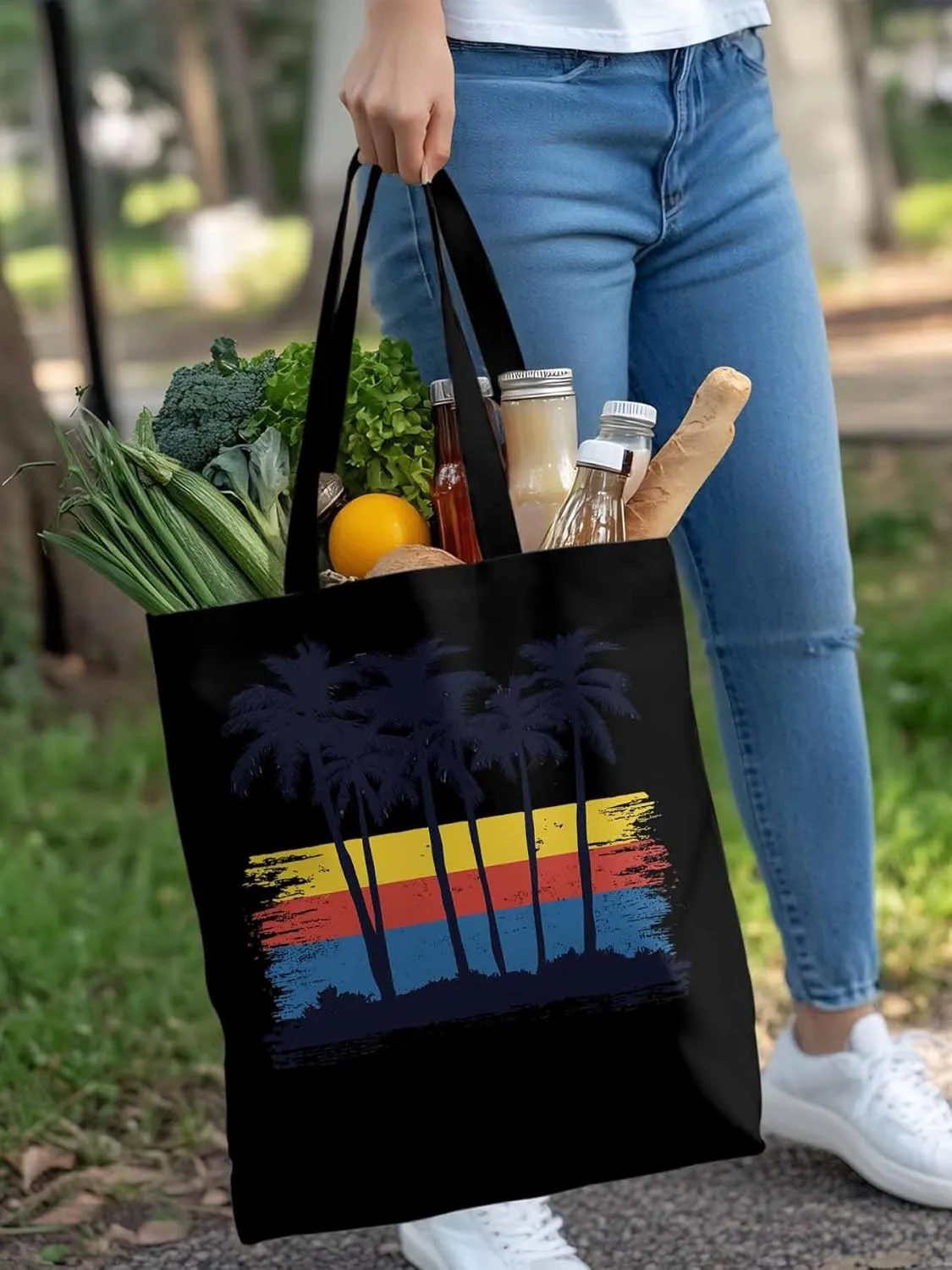 Canvas Tote Bag, Coconut Tree Geometric Stripes patterned Canvas Tote Handbags for Women Shoulder Bag,
