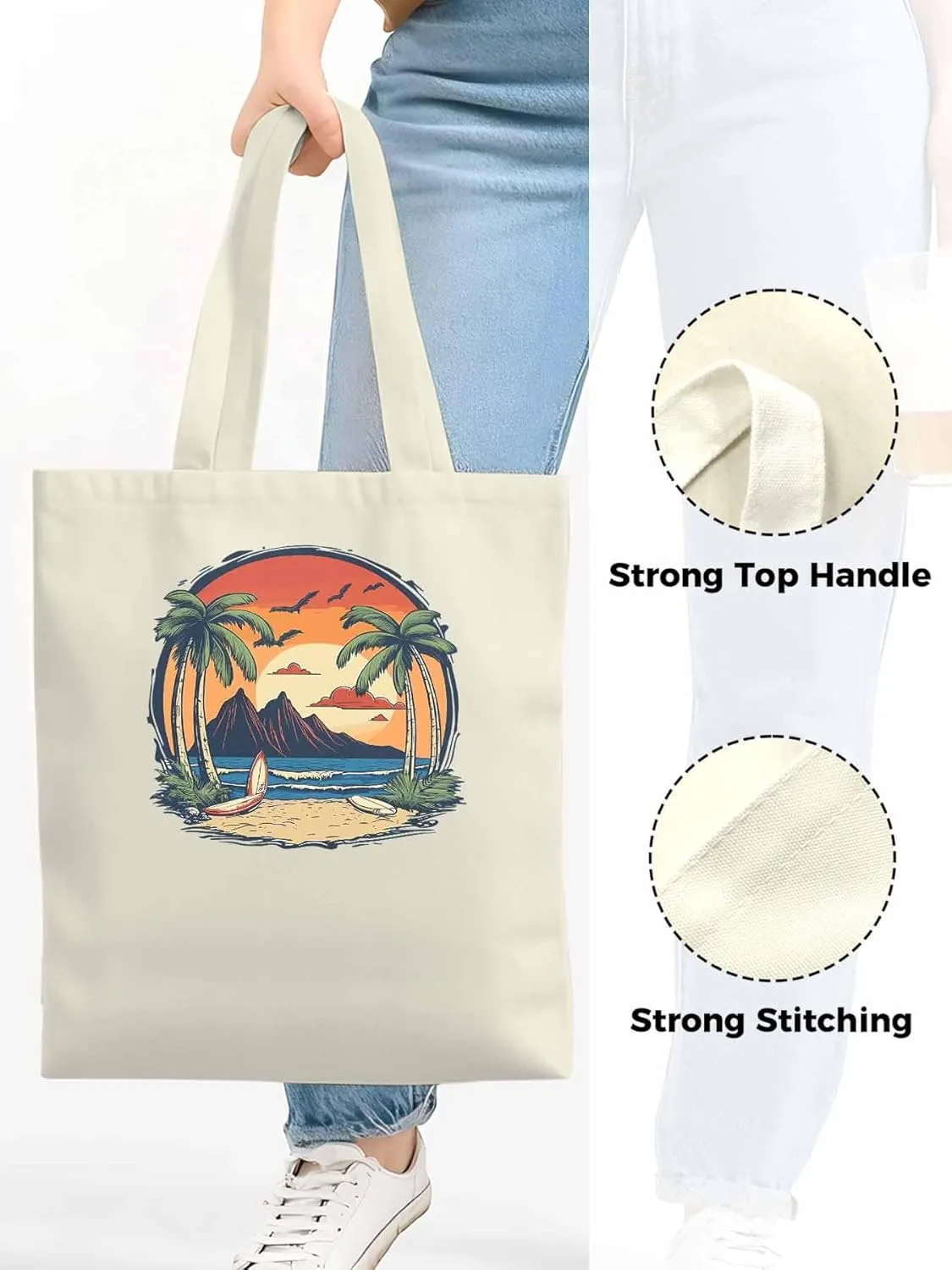Canvas Tote Bag, Coconut Tree Sunset Beach Ocean patterned Canvas Tote Handbags for Women Shoulder Bag,