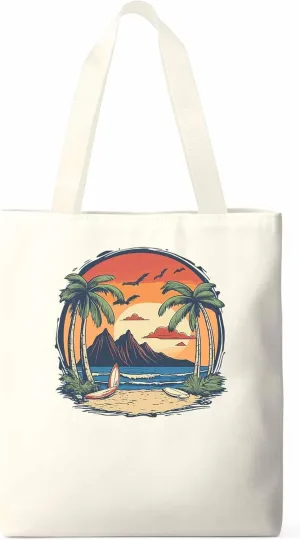 Canvas Tote Bag, Coconut Tree Sunset Beach Ocean patterned Canvas Tote Handbags for Women Shoulder Bag,