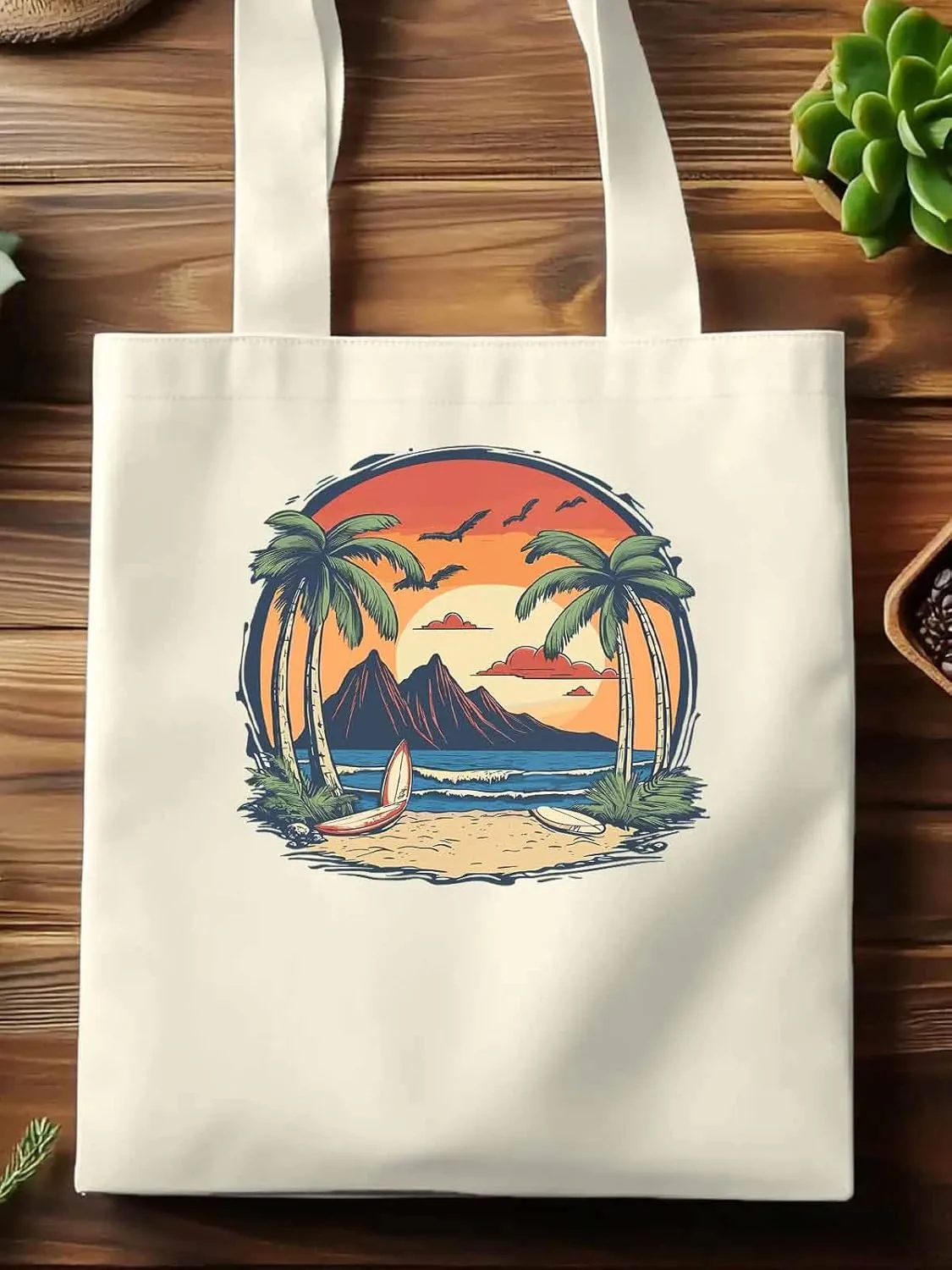 Canvas Tote Bag, Coconut Tree Sunset Beach Ocean patterned Canvas Tote Handbags for Women Shoulder Bag,