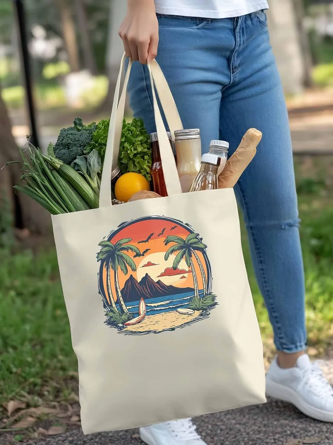 Canvas Tote Bag, Coconut Tree Sunset Beach Ocean patterned Canvas Tote Handbags for Women Shoulder Bag,