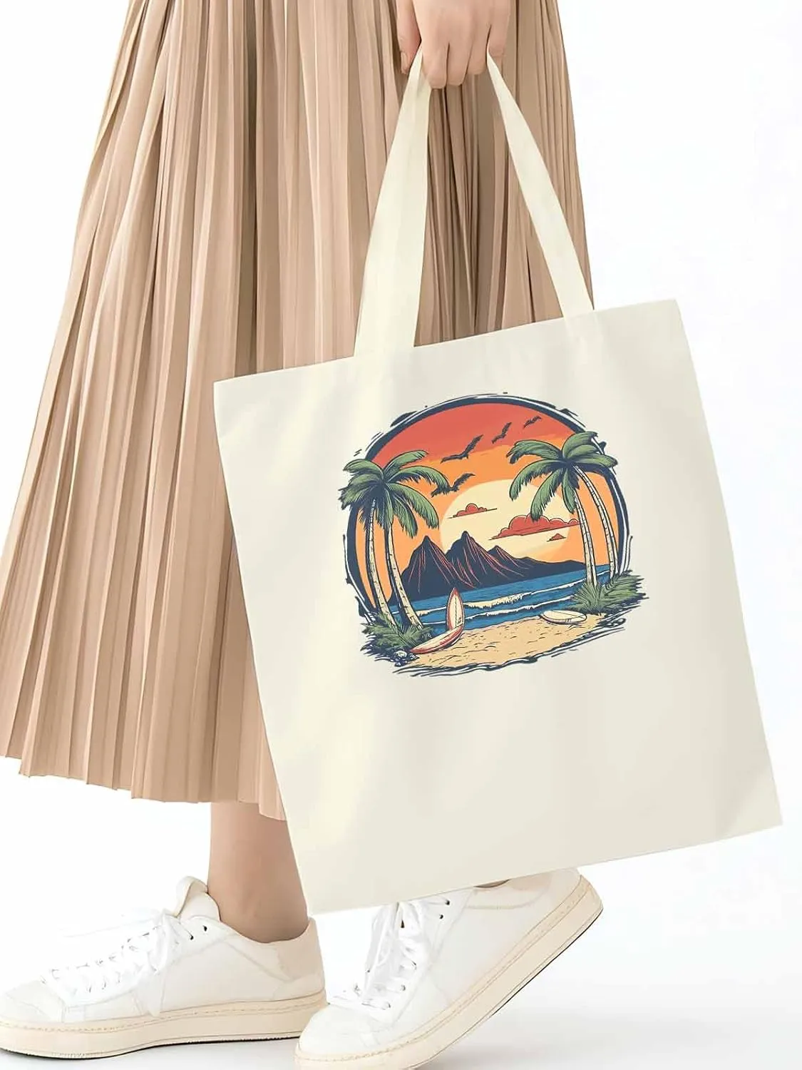 Canvas Tote Bag, Coconut Tree Sunset Beach Ocean patterned Canvas Tote Handbags for Women Shoulder Bag,