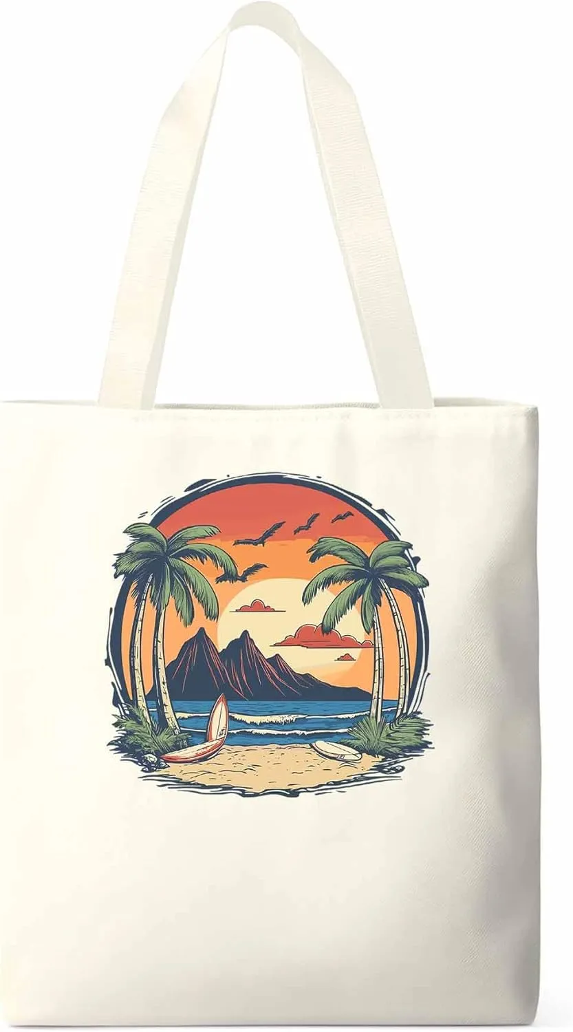 Canvas Tote Bag, Coconut Tree Sunset Beach Ocean patterned Canvas Tote Handbags for Women Shoulder Bag,