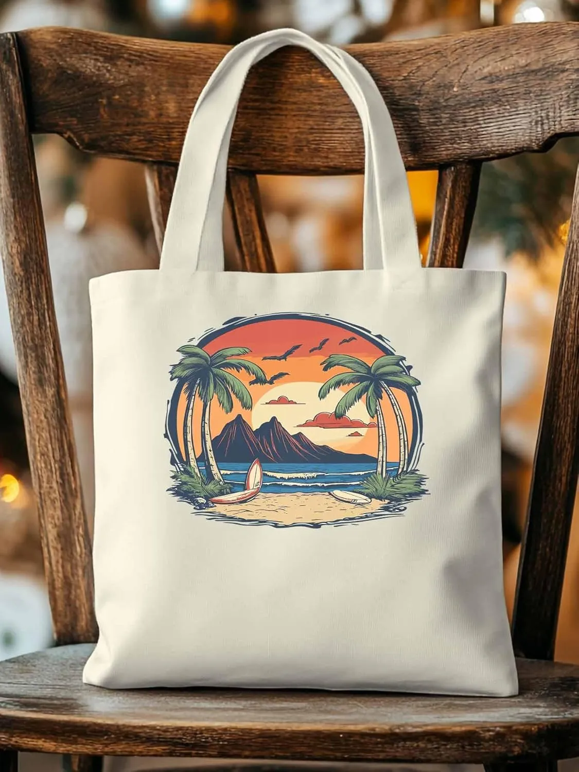 Canvas Tote Bag, Coconut Tree Sunset Beach Ocean patterned Canvas Tote Handbags for Women Shoulder Bag,