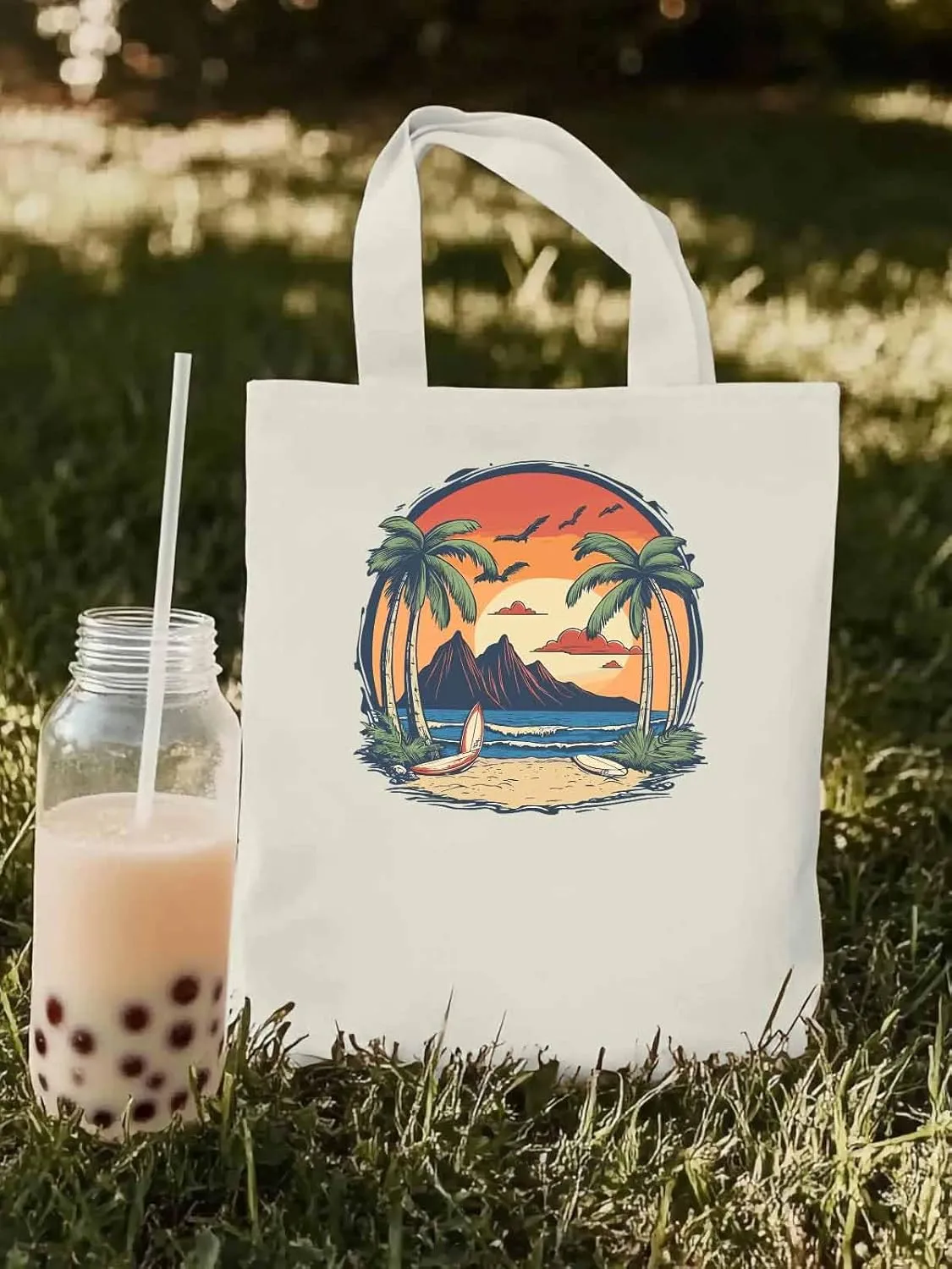 Canvas Tote Bag, Coconut Tree Sunset Beach Ocean patterned Canvas Tote Handbags for Women Shoulder Bag,