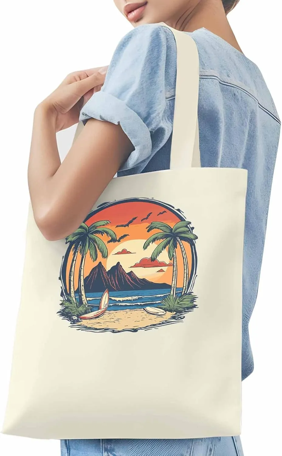 Canvas Tote Bag, Coconut Tree Sunset Beach Ocean patterned Canvas Tote Handbags for Women Shoulder Bag,