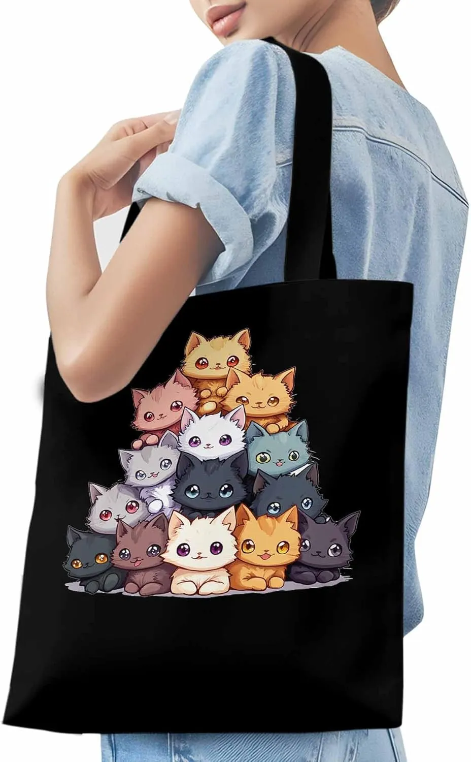 Canvas Tote Bag, Cute Cat Cartoon patterned Canvas Tote Handbags for Women Shoulder Bag,