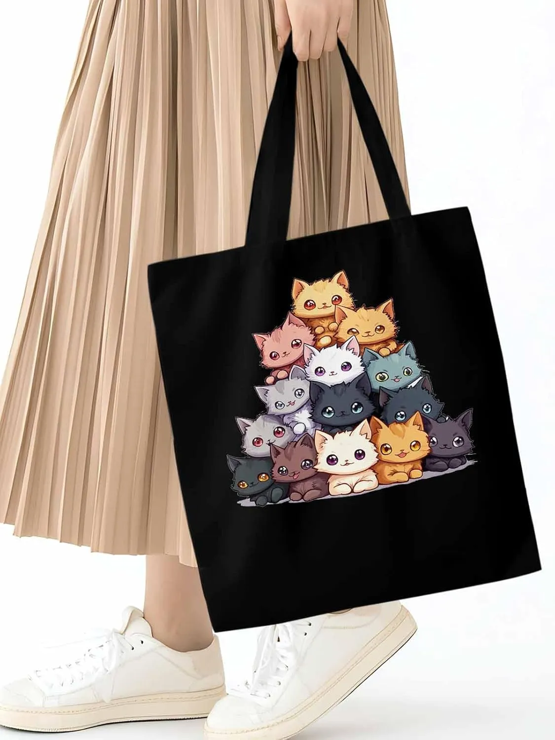 Canvas Tote Bag, Cute Cat Cartoon patterned Canvas Tote Handbags for Women Shoulder Bag,