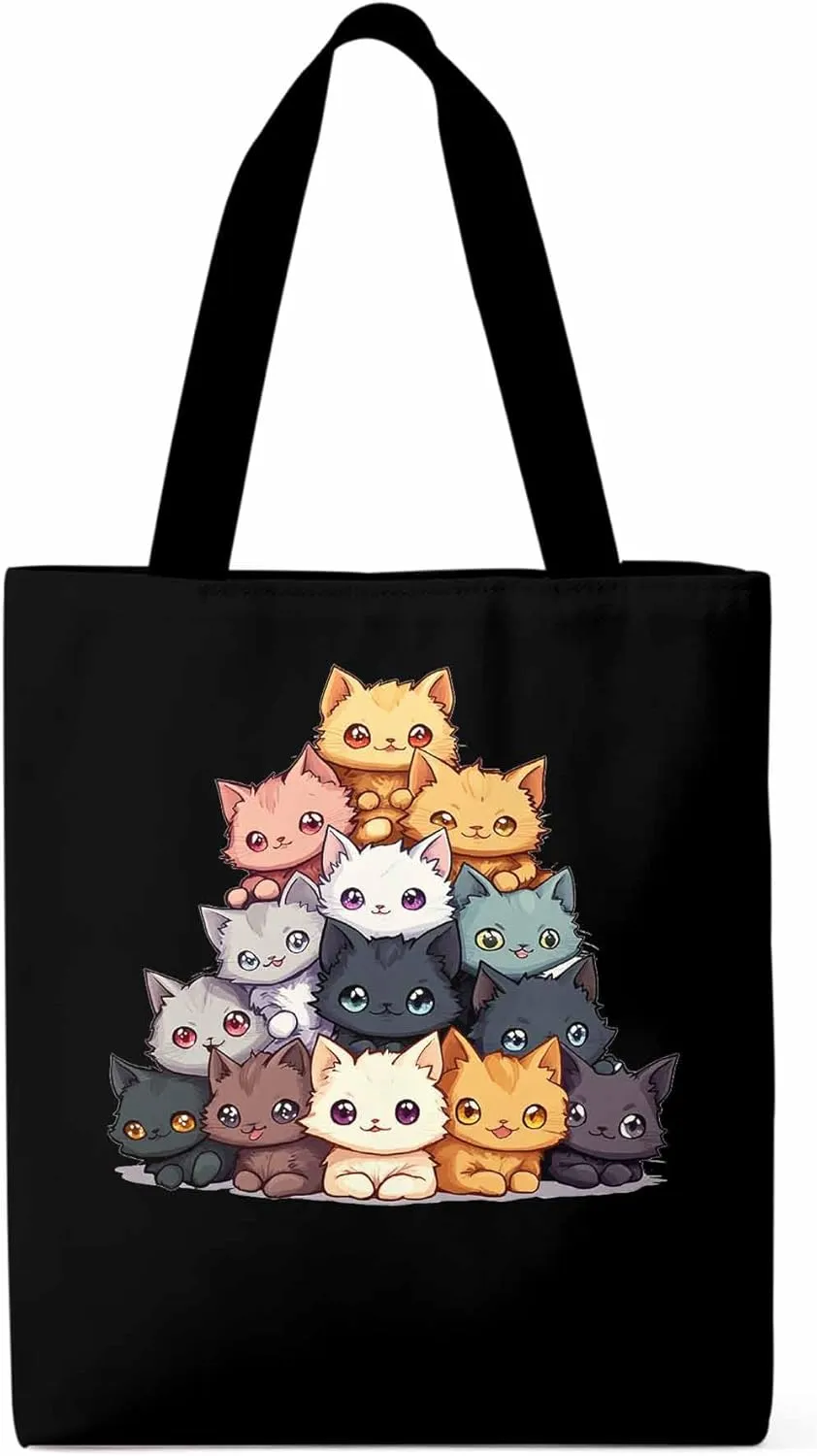 Canvas Tote Bag, Cute Cat Cartoon patterned Canvas Tote Handbags for Women Shoulder Bag,
