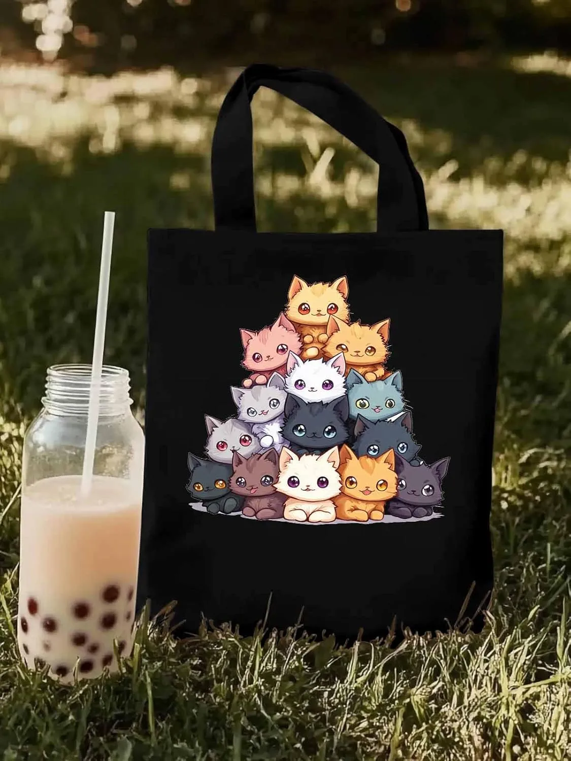 Canvas Tote Bag, Cute Cat Cartoon patterned Canvas Tote Handbags for Women Shoulder Bag,