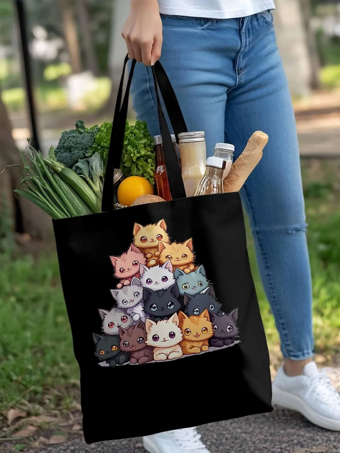 Canvas Tote Bag, Cute Cat Cartoon patterned Canvas Tote Handbags for Women Shoulder Bag,