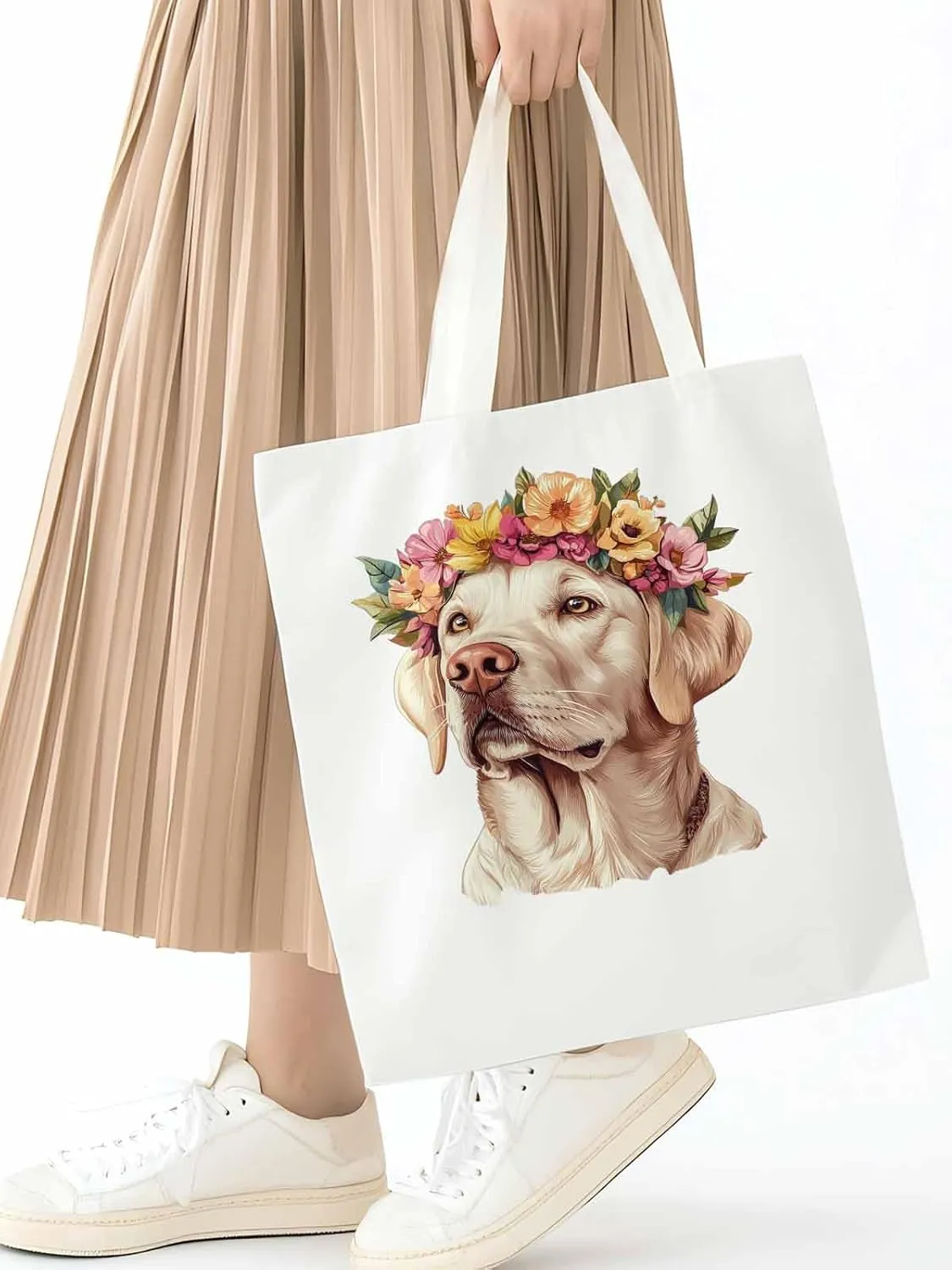Canvas Tote Bag, Cute Dog Wearing Flower Garlands patterned Canvas Tote Handbags for Women Shoulder Bag,