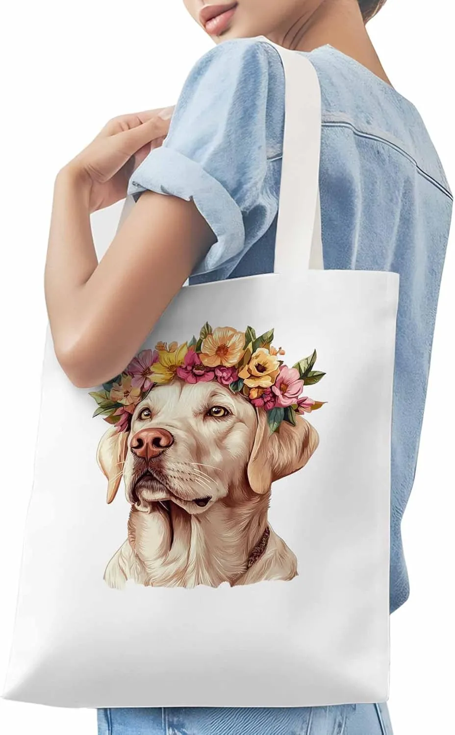 Canvas Tote Bag, Cute Dog Wearing Flower Garlands patterned Canvas Tote Handbags for Women Shoulder Bag,