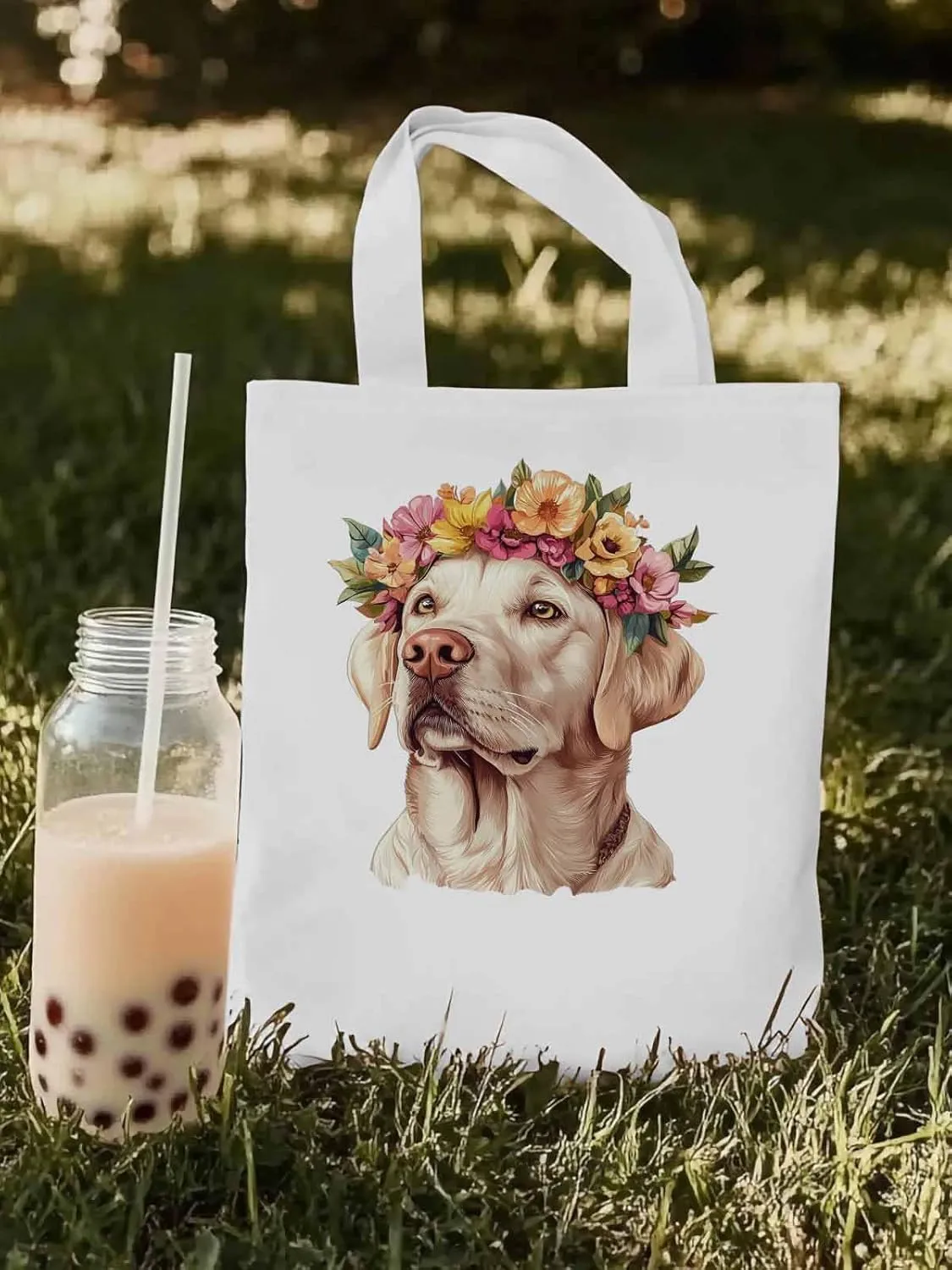 Canvas Tote Bag, Cute Dog Wearing Flower Garlands patterned Canvas Tote Handbags for Women Shoulder Bag,