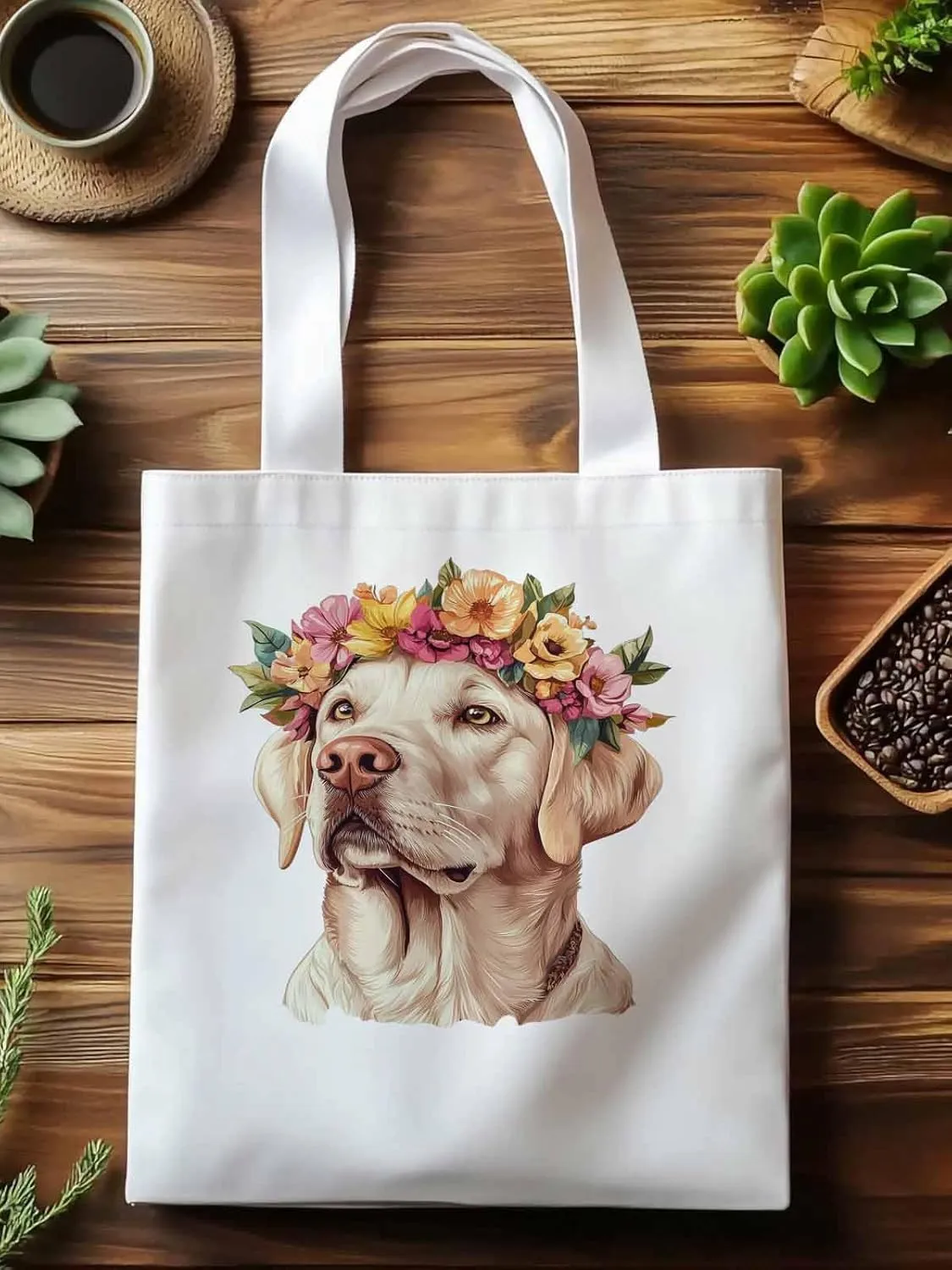 Canvas Tote Bag, Cute Dog Wearing Flower Garlands patterned Canvas Tote Handbags for Women Shoulder Bag,