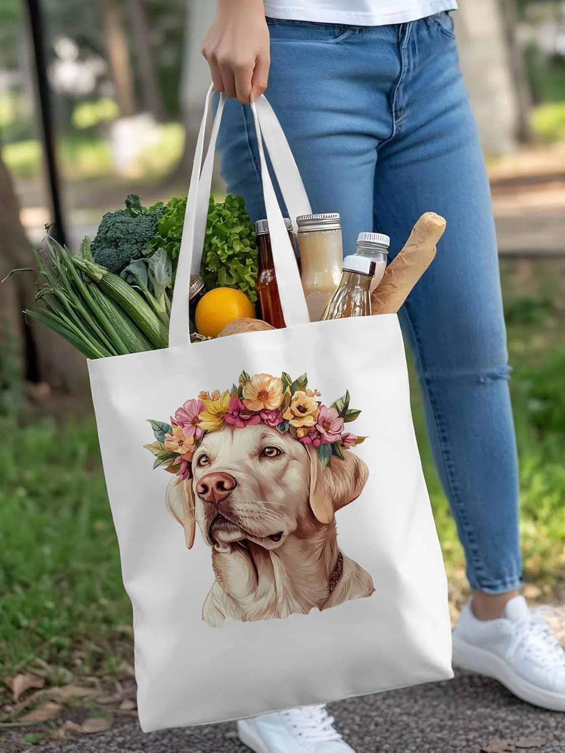 Canvas Tote Bag, Cute Dog Wearing Flower Garlands patterned Canvas Tote Handbags for Women Shoulder Bag,