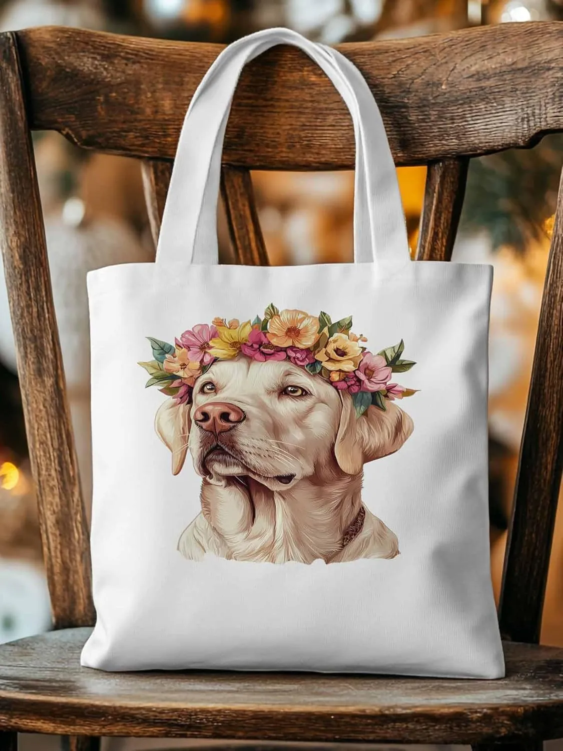 Canvas Tote Bag, Cute Dog Wearing Flower Garlands patterned Canvas Tote Handbags for Women Shoulder Bag,