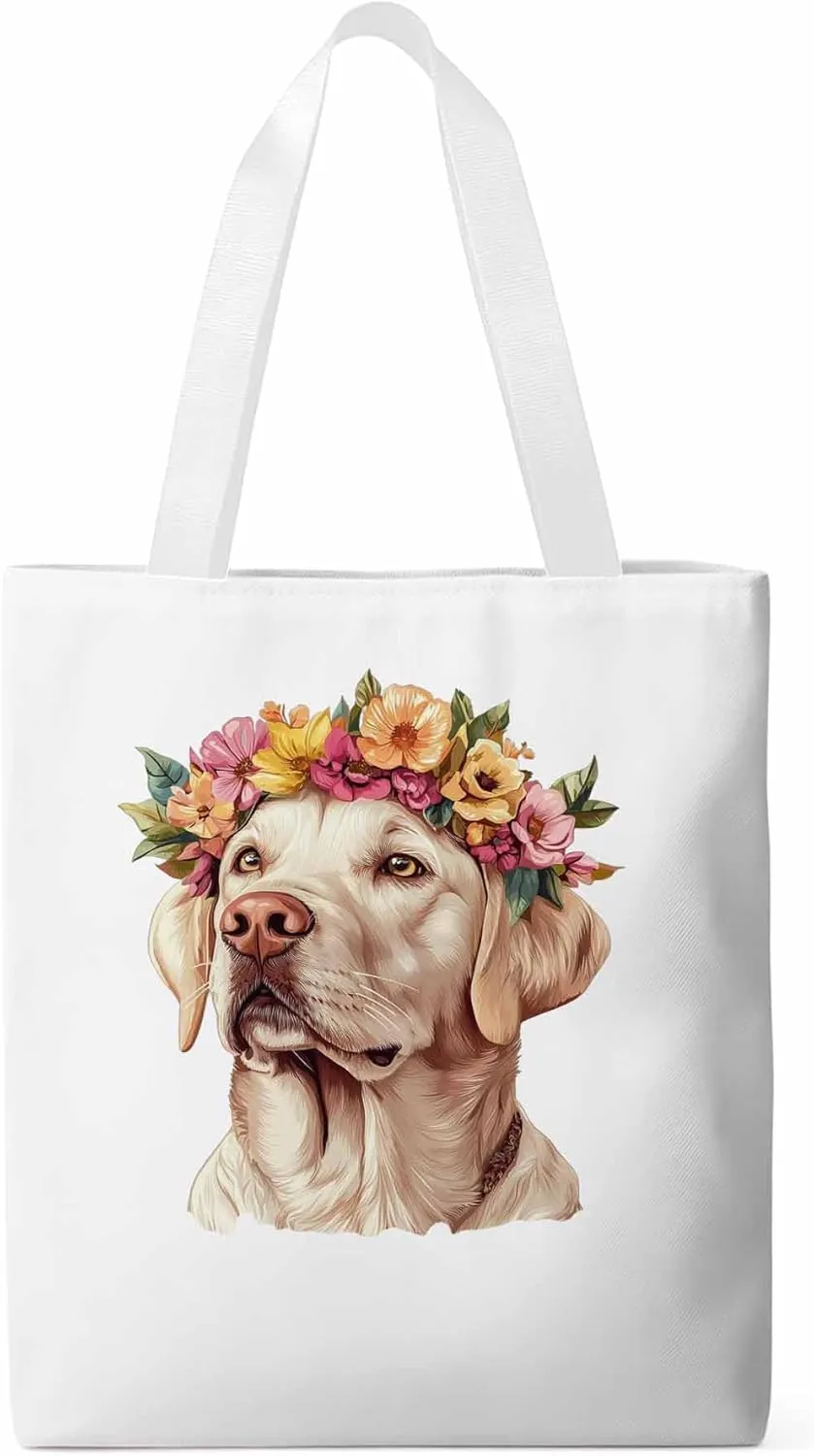 Canvas Tote Bag, Cute Dog Wearing Flower Garlands patterned Canvas Tote Handbags for Women Shoulder Bag,