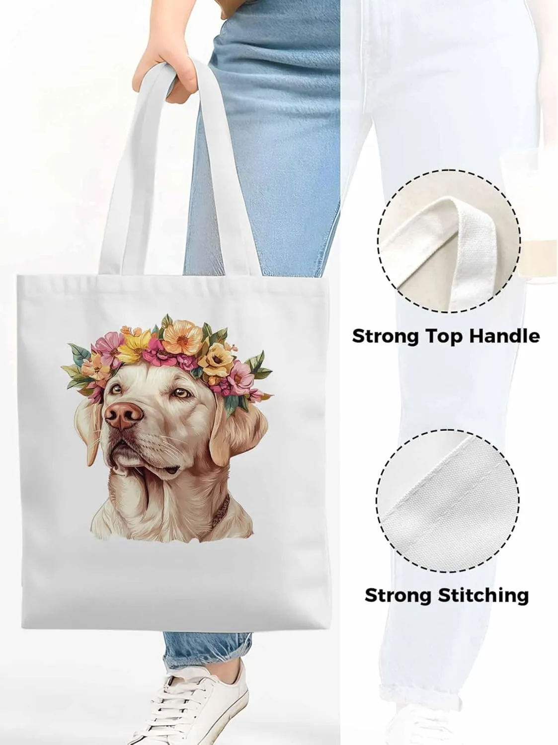 Canvas Tote Bag, Cute Dog Wearing Flower Garlands patterned Canvas Tote Handbags for Women Shoulder Bag,