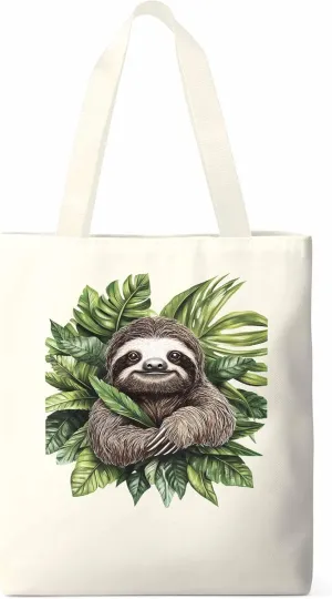 Canvas Tote Bag, Cute Sloth Tropical Leaves patterned Canvas Tote Handbags for Women Shoulder Bag,