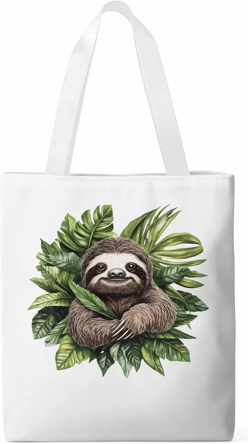 Canvas Tote Bag, Cute Sloth Tropical Leaves patterned Canvas Tote Handbags for Women Shoulder Bag,