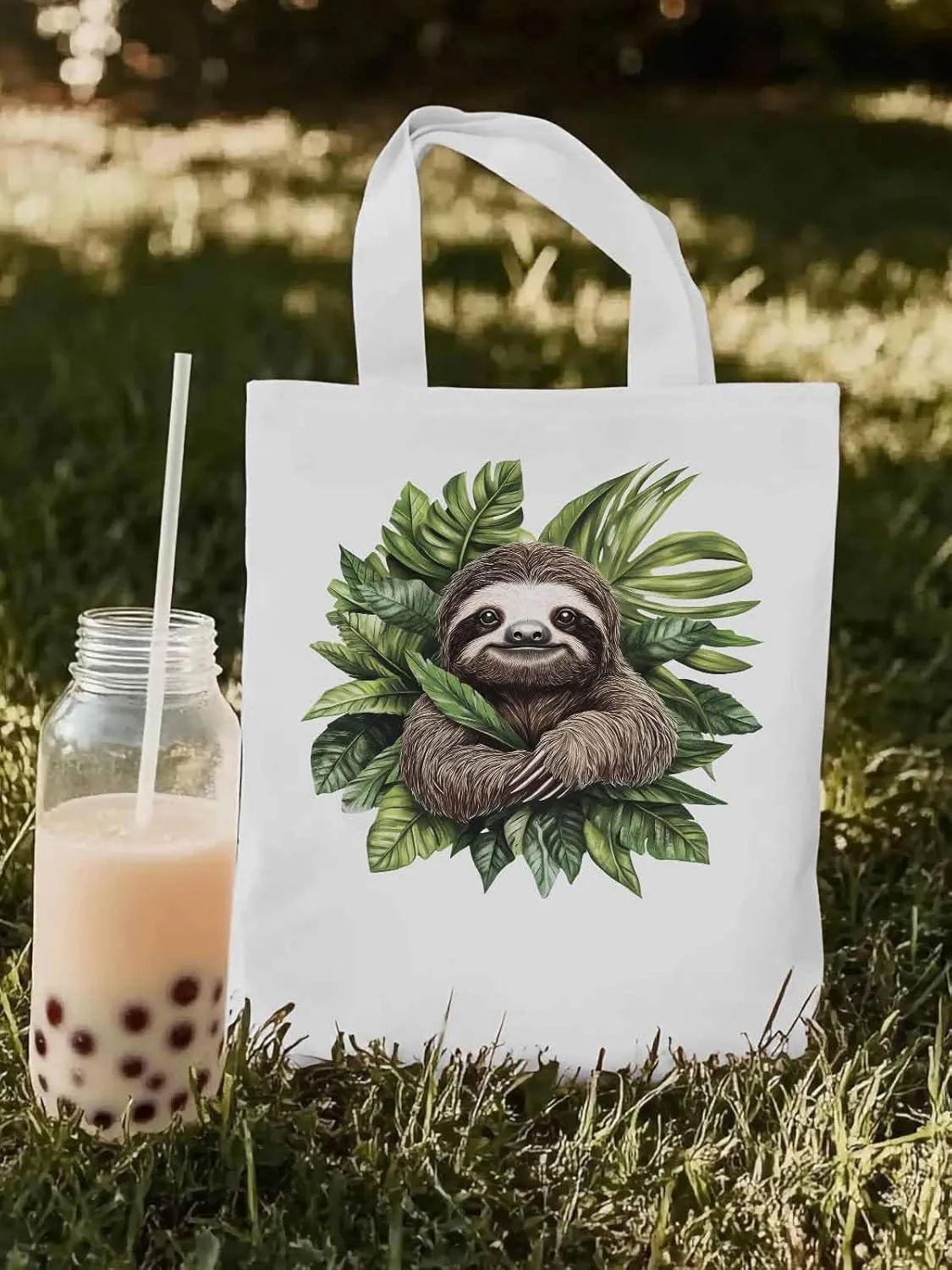 Canvas Tote Bag, Cute Sloth Tropical Leaves patterned Canvas Tote Handbags for Women Shoulder Bag,