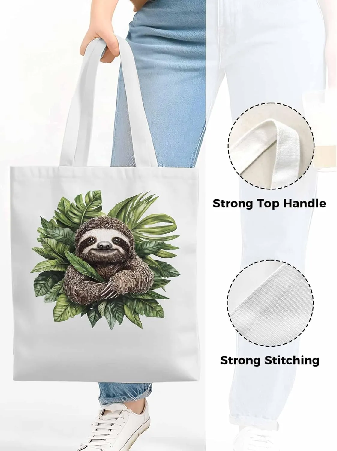 Canvas Tote Bag, Cute Sloth Tropical Leaves patterned Canvas Tote Handbags for Women Shoulder Bag,