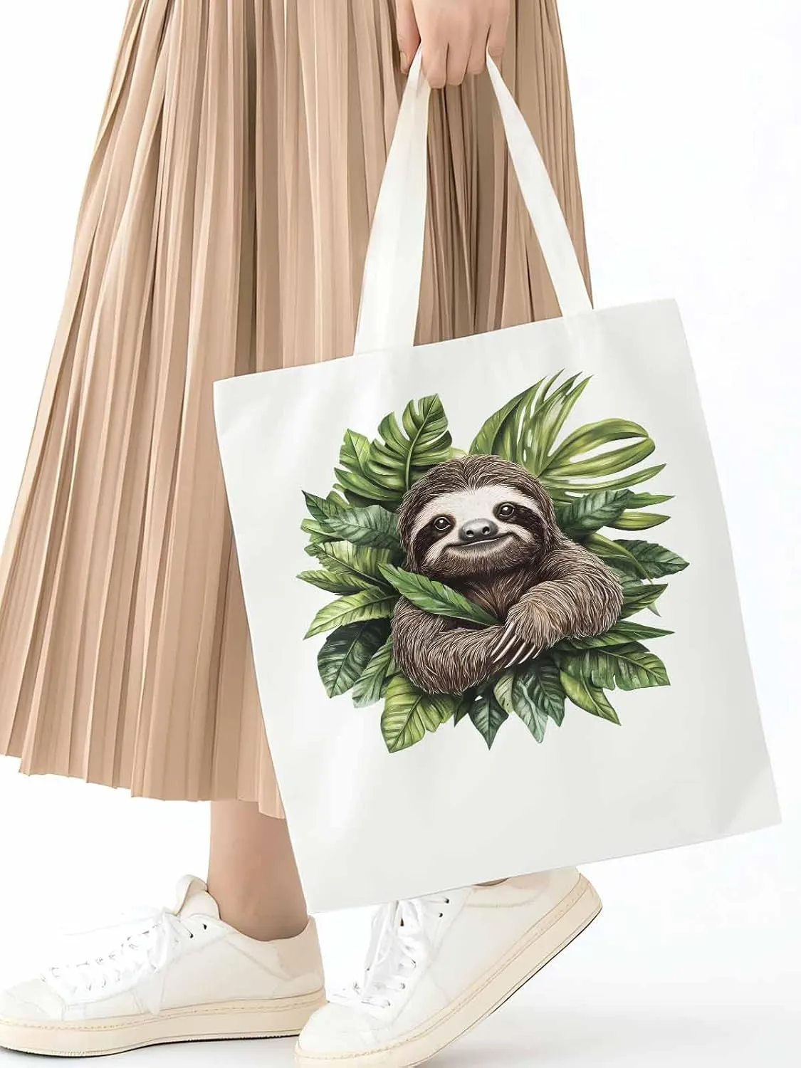 Canvas Tote Bag, Cute Sloth Tropical Leaves patterned Canvas Tote Handbags for Women Shoulder Bag,