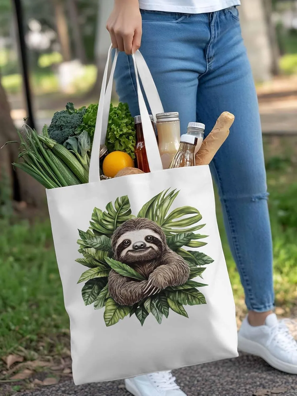 Canvas Tote Bag, Cute Sloth Tropical Leaves patterned Canvas Tote Handbags for Women Shoulder Bag,