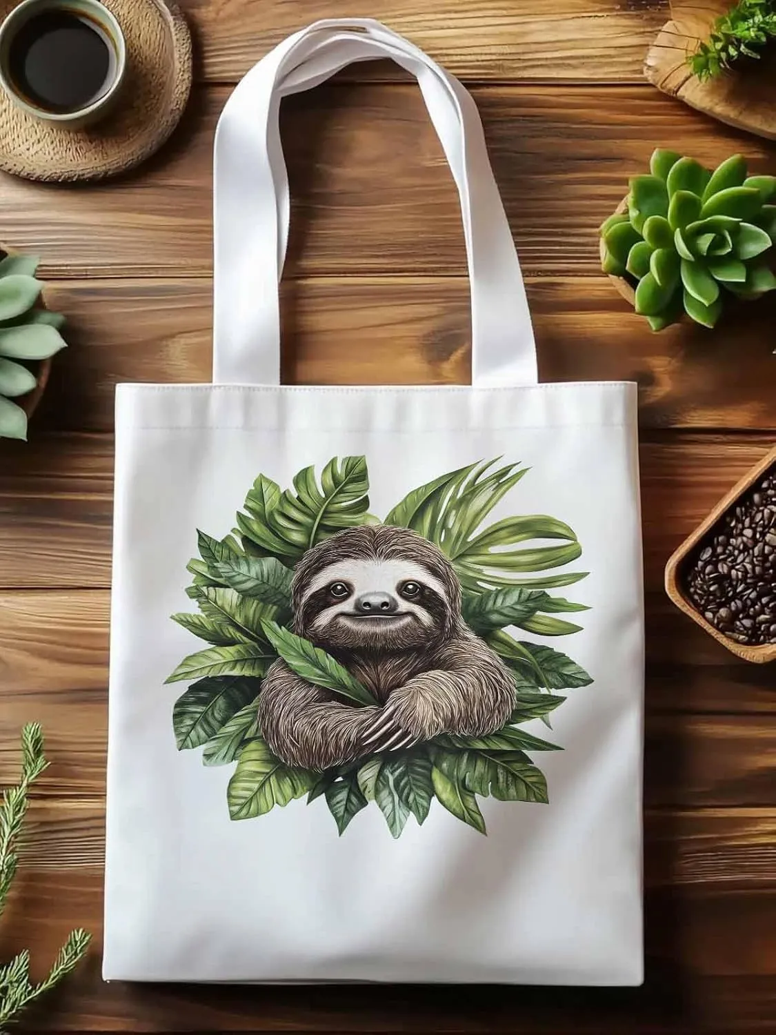 Canvas Tote Bag, Cute Sloth Tropical Leaves patterned Canvas Tote Handbags for Women Shoulder Bag,