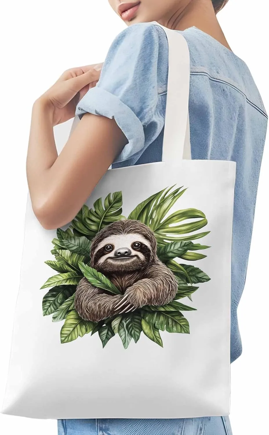 Canvas Tote Bag, Cute Sloth Tropical Leaves patterned Canvas Tote Handbags for Women Shoulder Bag,