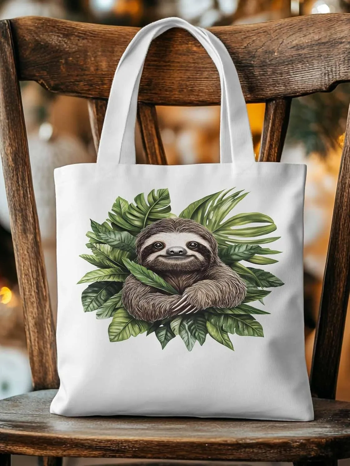 Canvas Tote Bag, Cute Sloth Tropical Leaves patterned Canvas Tote Handbags for Women Shoulder Bag,