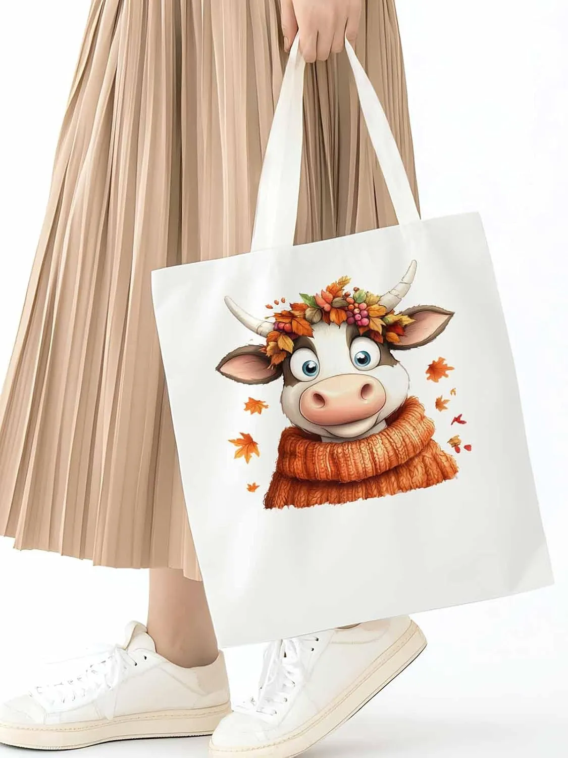 Canvas Tote Bag, Fall Orange Cow patterned Canvas Tote Handbags for Women Shoulder Bag,