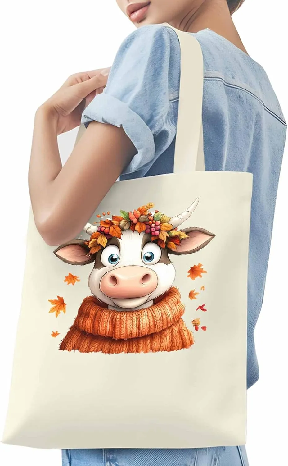 Canvas Tote Bag, Fall Orange Cow patterned Canvas Tote Handbags for Women Shoulder Bag,