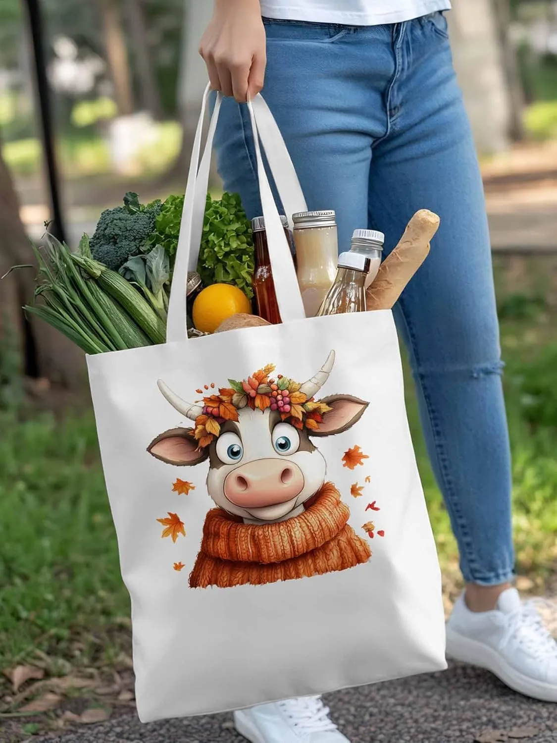 Canvas Tote Bag, Fall Orange Cow patterned Canvas Tote Handbags for Women Shoulder Bag,