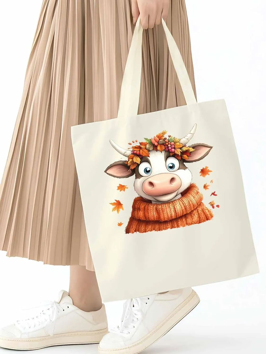 Canvas Tote Bag, Fall Orange Cow patterned Canvas Tote Handbags for Women Shoulder Bag,