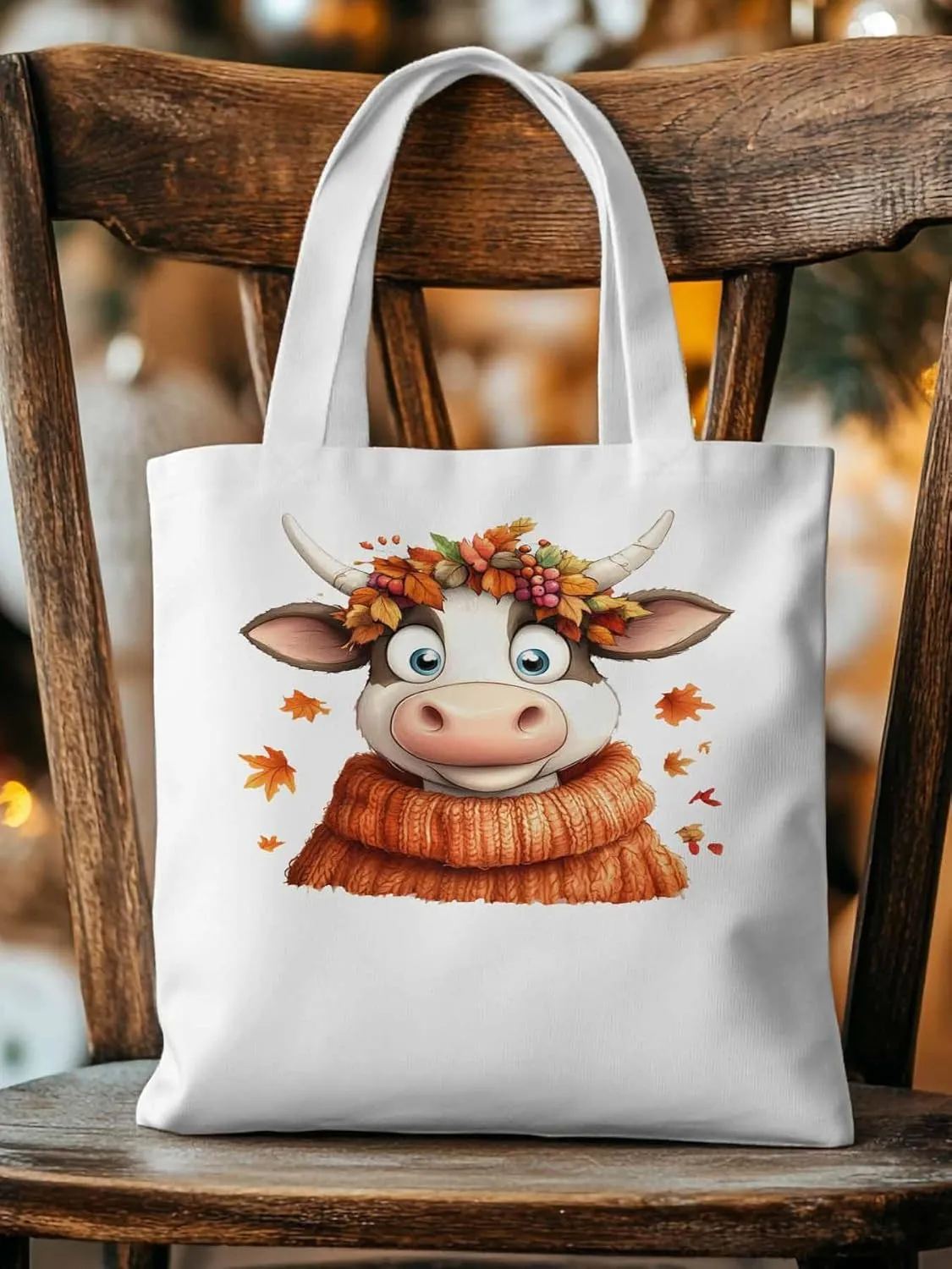 Canvas Tote Bag, Fall Orange Cow patterned Canvas Tote Handbags for Women Shoulder Bag,