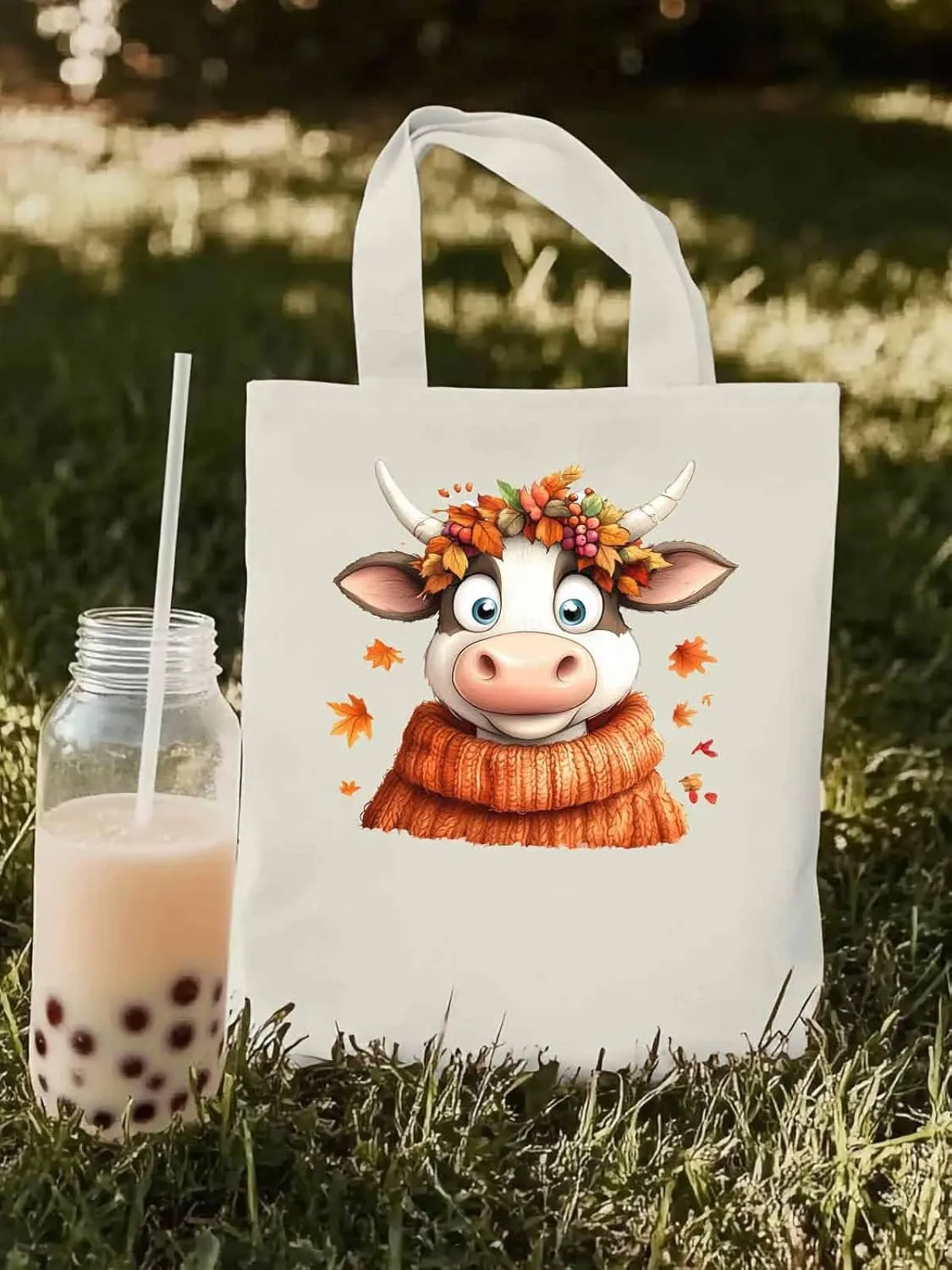 Canvas Tote Bag, Fall Orange Cow patterned Canvas Tote Handbags for Women Shoulder Bag,