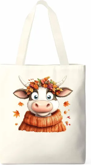 Canvas Tote Bag, Fall Orange Cow patterned Canvas Tote Handbags for Women Shoulder Bag,