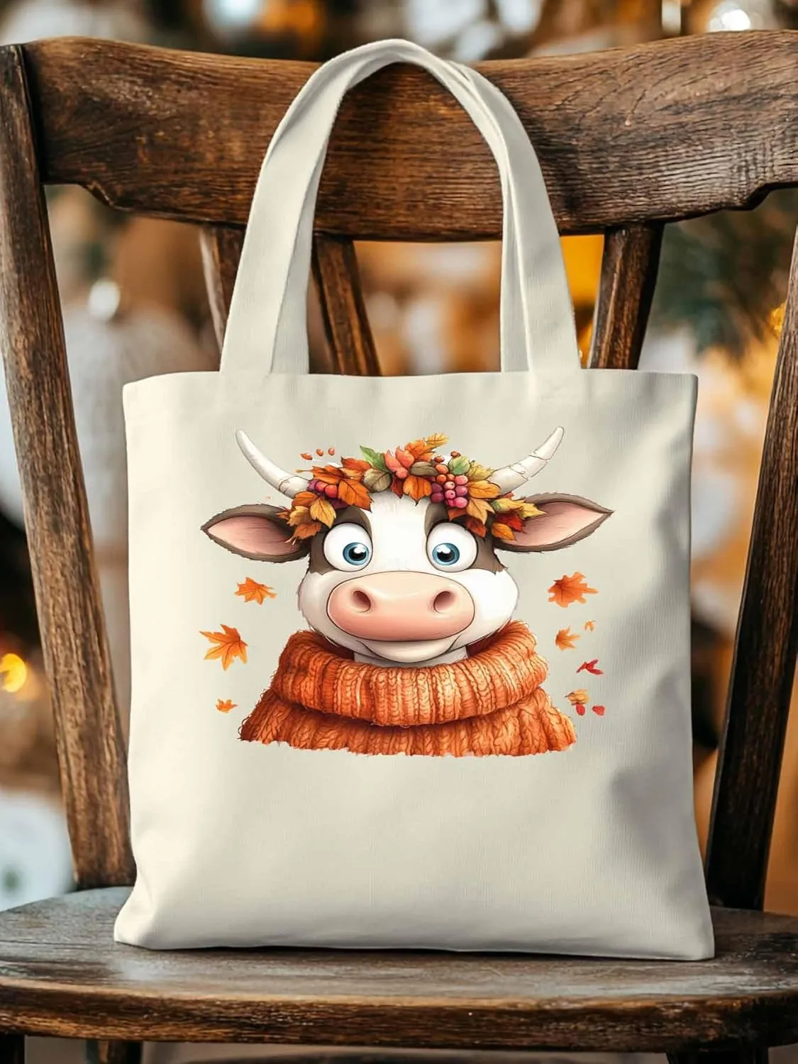 Canvas Tote Bag, Fall Orange Cow patterned Canvas Tote Handbags for Women Shoulder Bag,